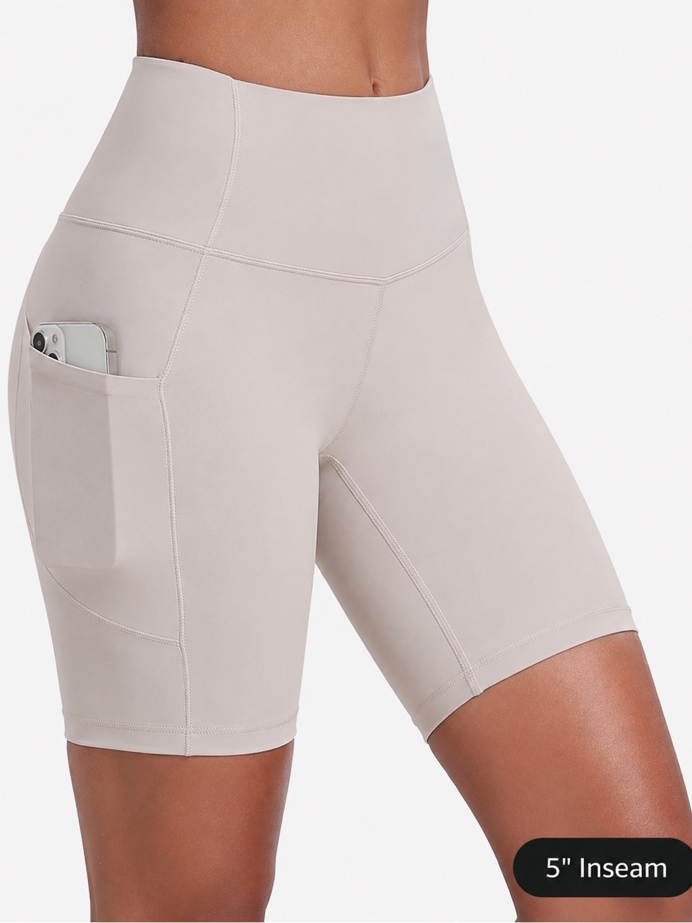 Oalka High-Rise 5" Inseam Pocket Bike Shorts - Light Taupe Size: Small #Lux-E